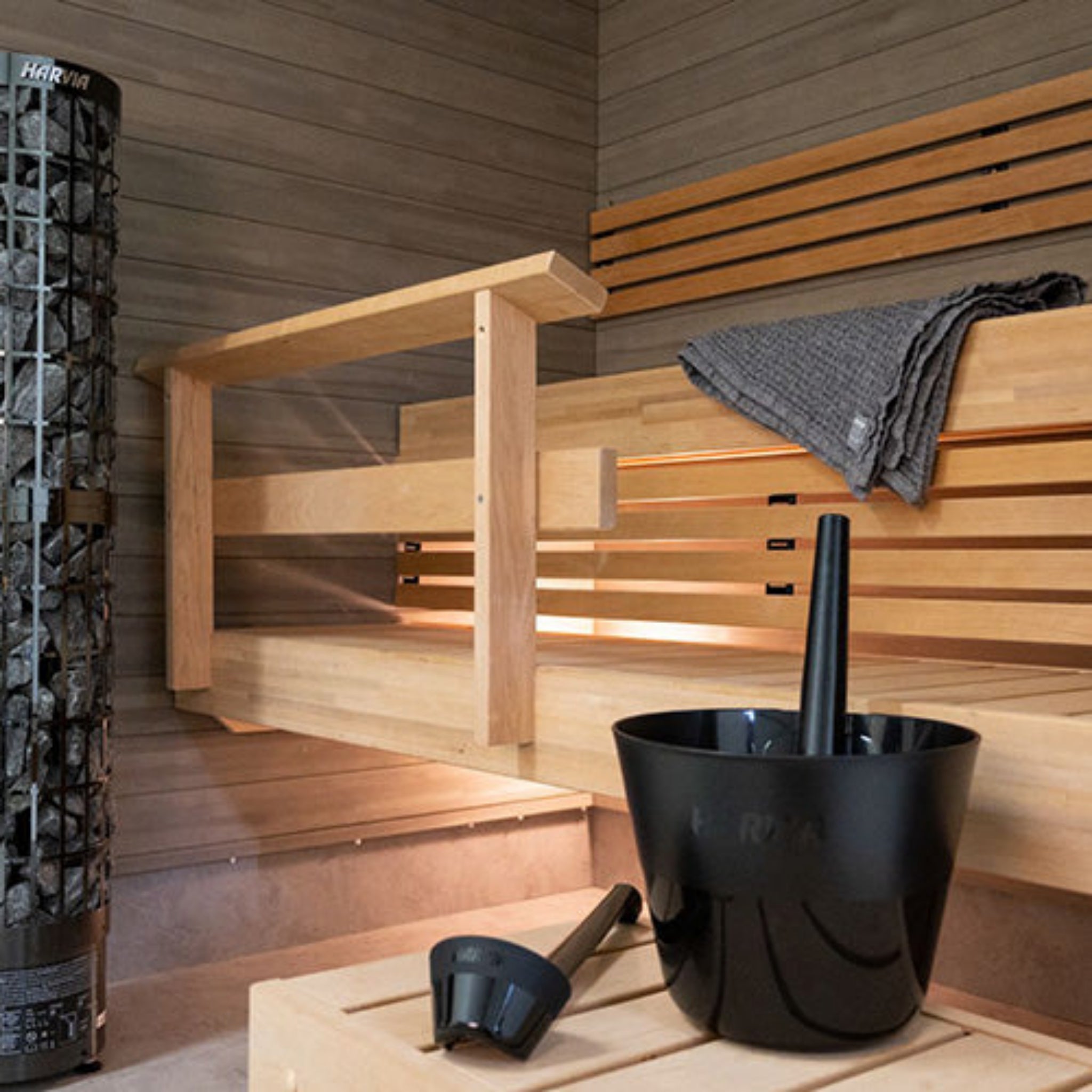 Harvia Click Sauna Bucket & Ladle Set (7L Bucket + 200mL Ladle – Black)