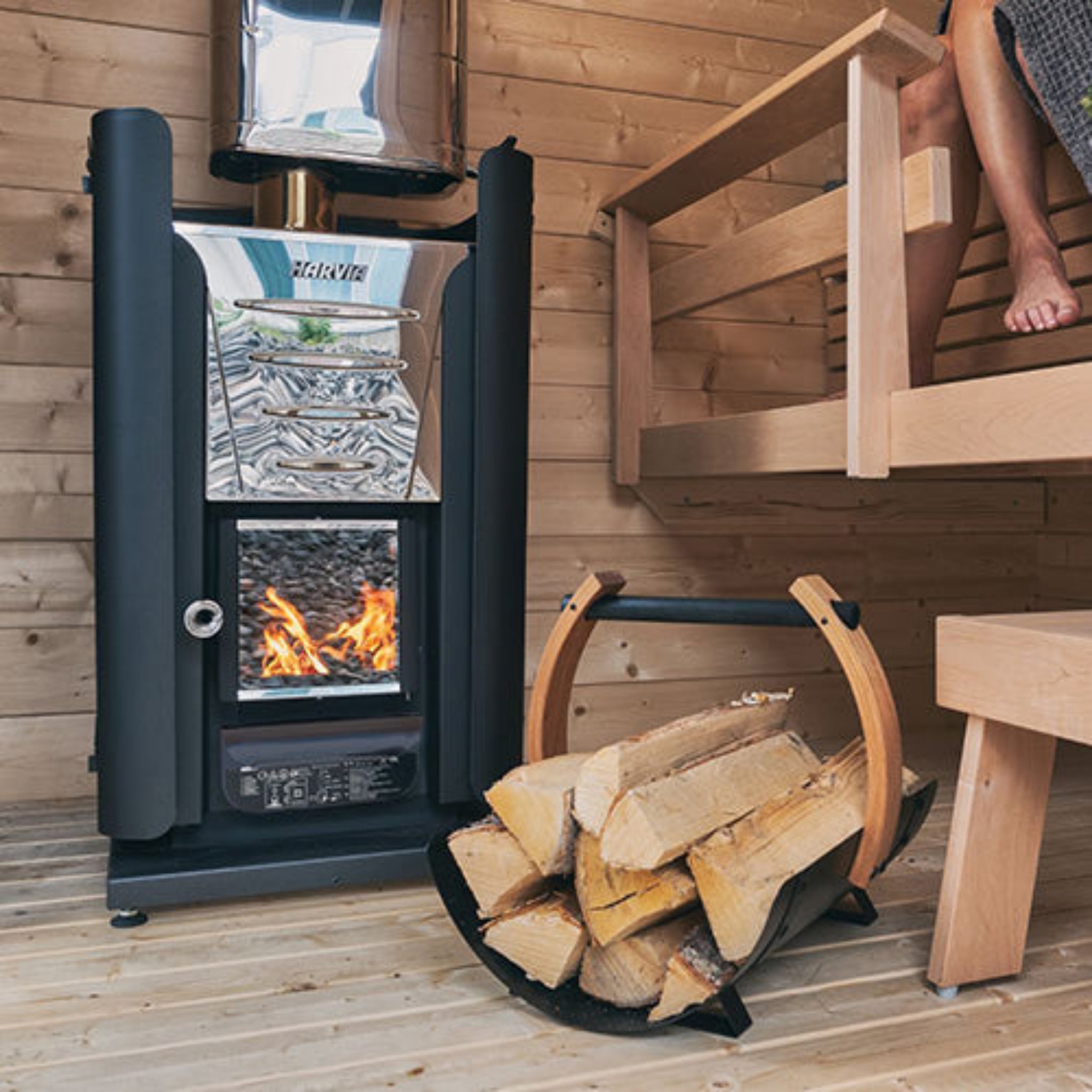 Harvia Legend Firewood Carrier (Black Steel Sauna Log Carrier w/ Thermo-Aspen Handle)