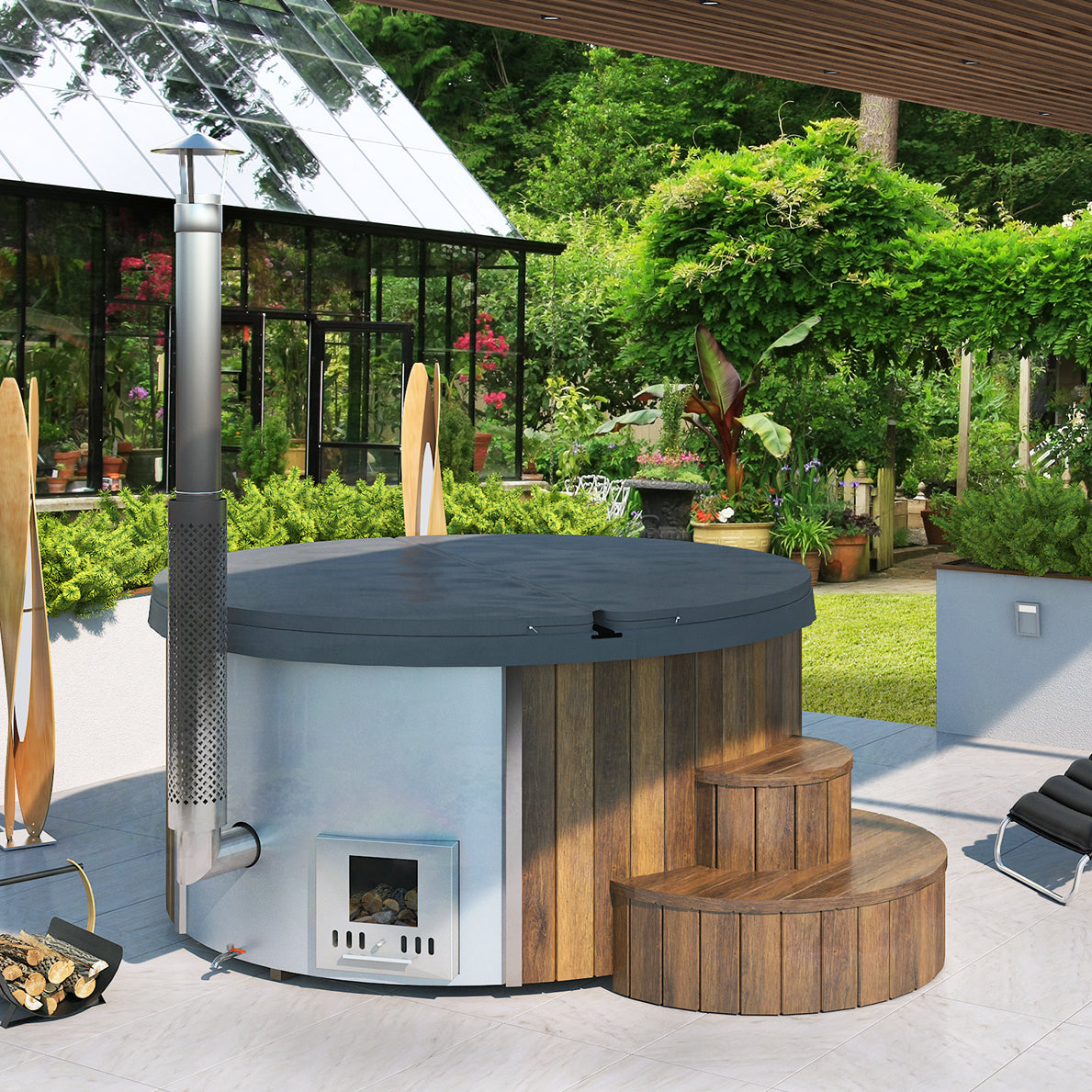 SaunaLife Model S4N – Soak-Series Outdoor Wood-Fired Hot Tub (Natural, Up to 6 Persons)