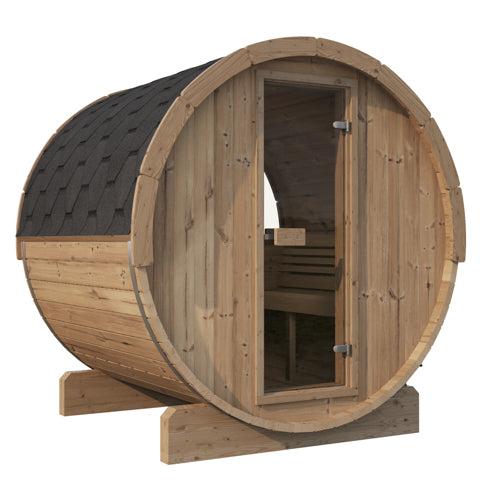 SaunaLife Model E7W – ERGO-Series Outdoor Sauna Barrel with Panoramic Rear Window (Up to 4 Persons)