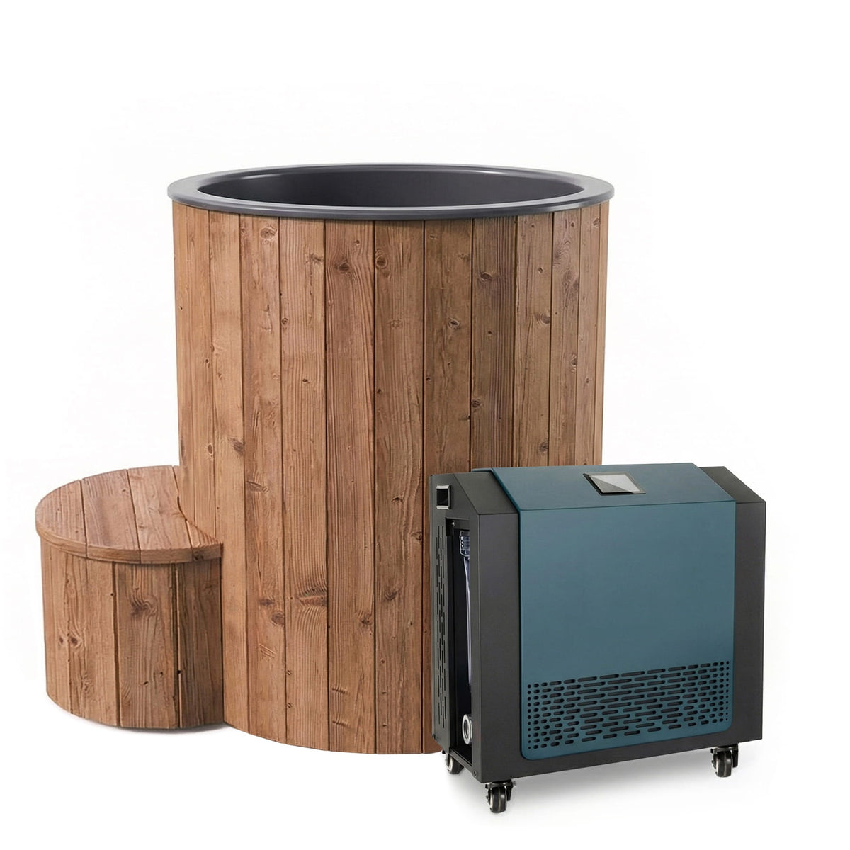 SaunaLife Model S1NC Package — 1-person immersion tub, natural finish, with combination water chiller/heater