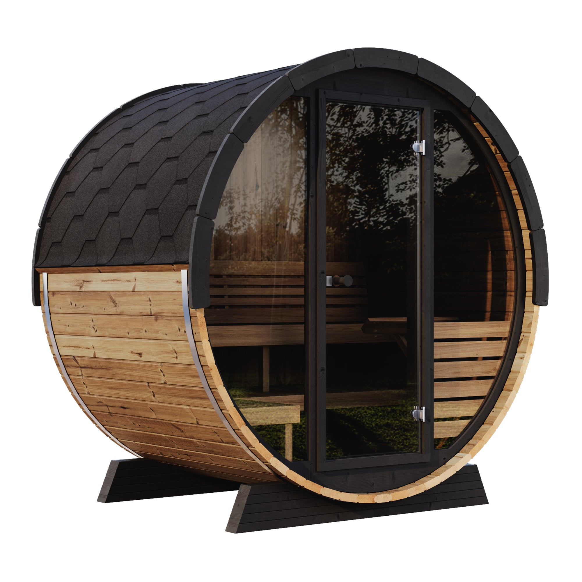 SaunaLife Model EE6G – ERGO Elegance Series 4-Person Outdoor Sauna Barrel with Full Glass Front