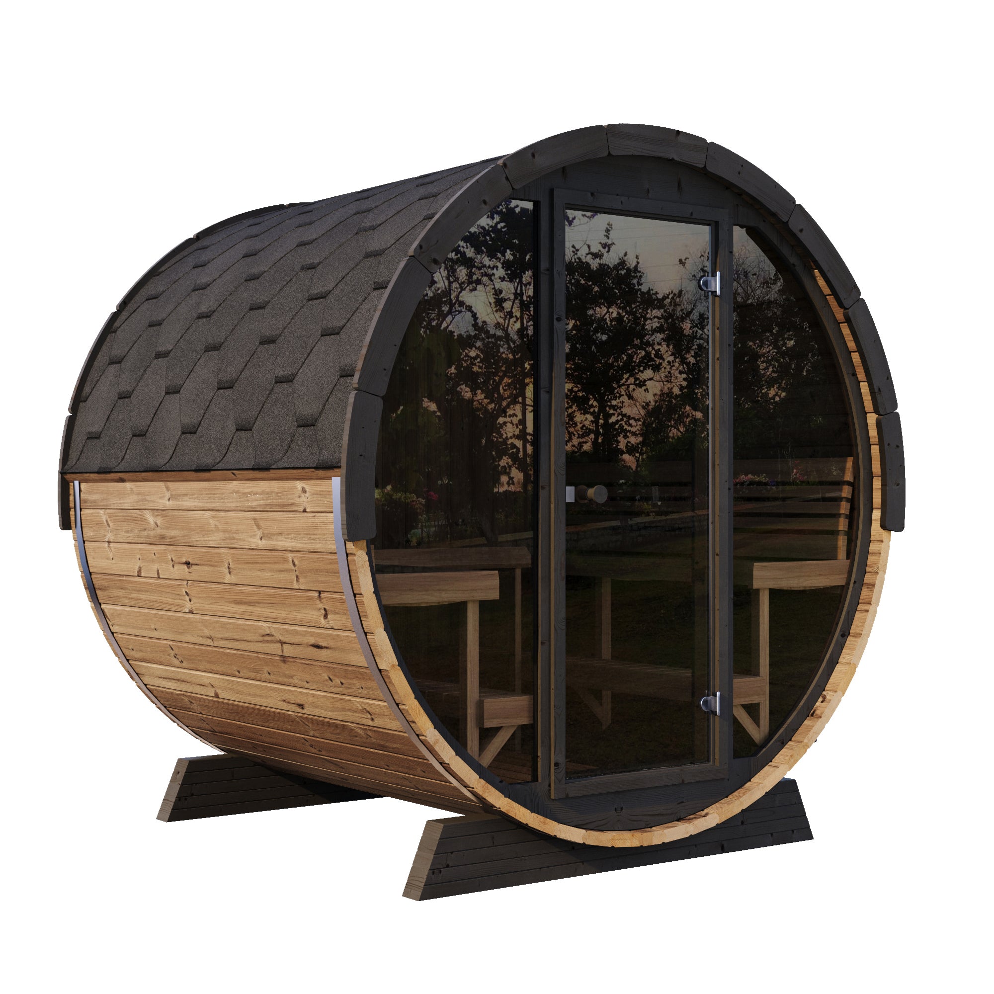 SaunaLife Model EE8G – ERGO Elegance Series 6-Person Outdoor Sauna Barrel with Full Glass Front