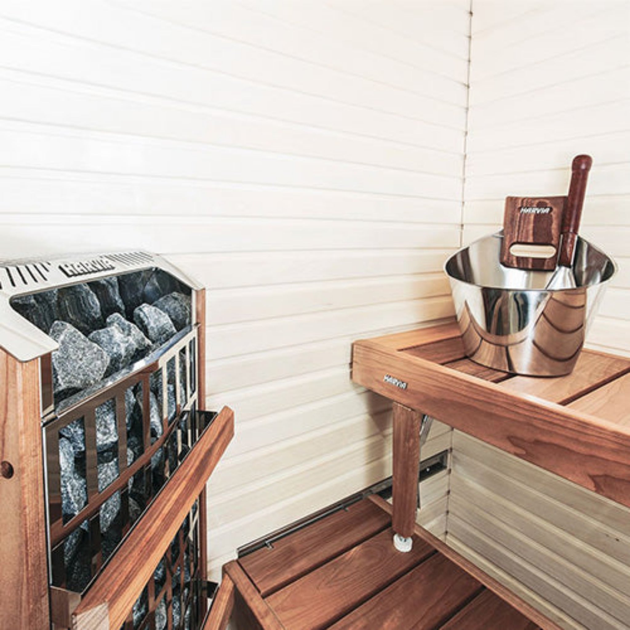 Harvia Stainless Steel Sauna Accessory Set (Bucket, Ladle, Thermometer & Hygrometer Combo)