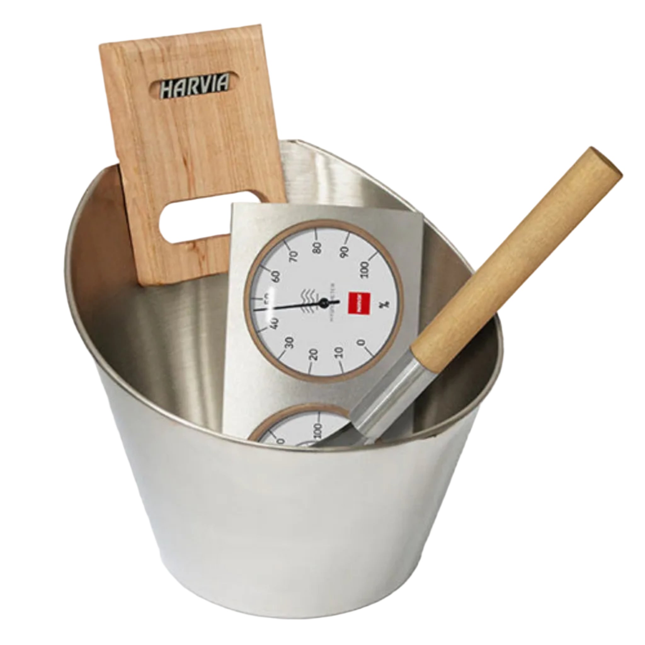 Harvia Stainless Steel Sauna Accessory Set (Bucket, Ladle, Thermometer & Hygrometer Combo)