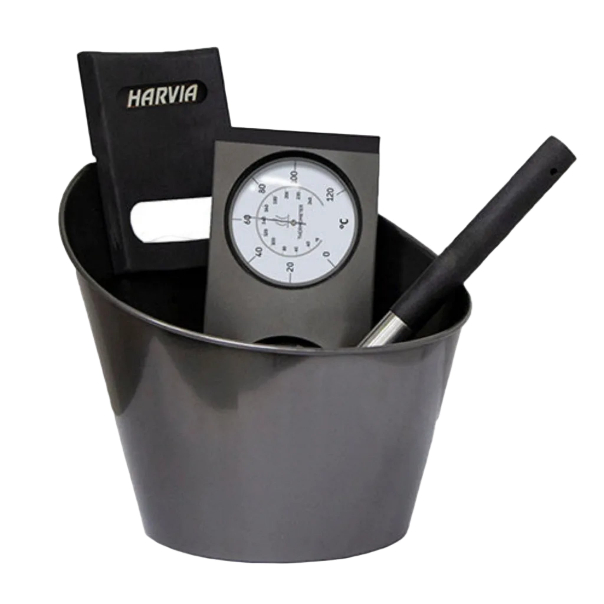 Harvia Black Steel Sauna Accessory Set (Bucket, Ladle, Thermometer & Hygrometer Combo)