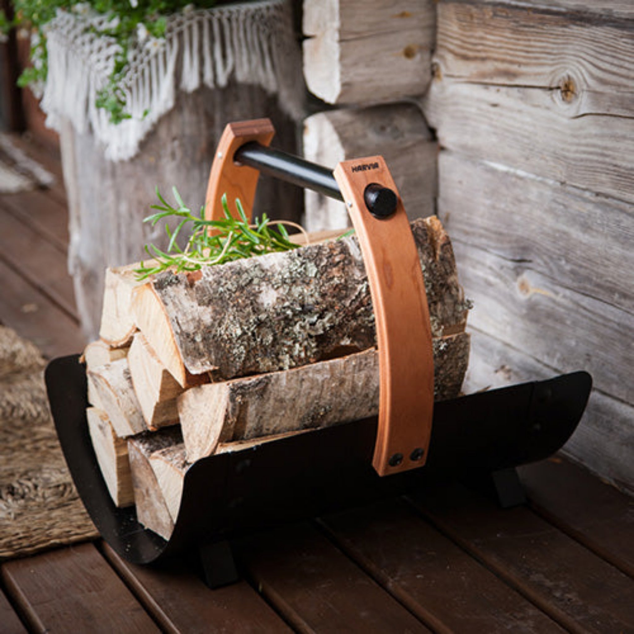 Harvia Legend Firewood Carrier (Black Steel Sauna Log Carrier w/ Thermo-Aspen Handle)