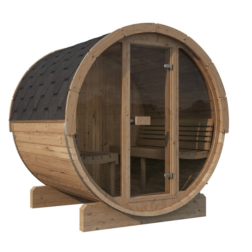 SaunaLife Model E7G – ERGO-Series Outdoor Sauna Barrel with Full Glass Front (Up to 4 Persons)