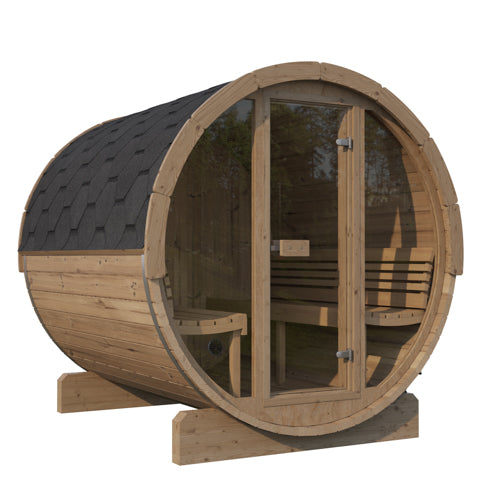SaunaLife Model E8G – ERGO-Series 6-Person Outdoor Sauna Barrel with Full Glass Front