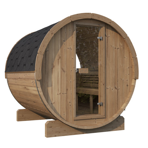 SaunaLife Model E8W – ERGO-Series 6-Person Outdoor Sauna Barrel with Panoramic Rear Window