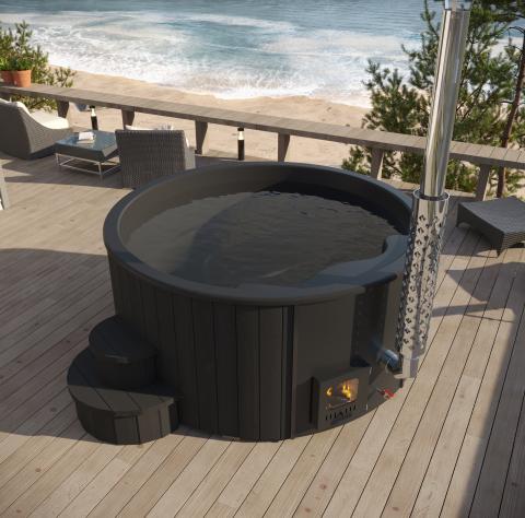 SaunaLife Model S4B – Soak-Series Outdoor Wood-Fired Hot Tub (Black, Up to 6 Persons)