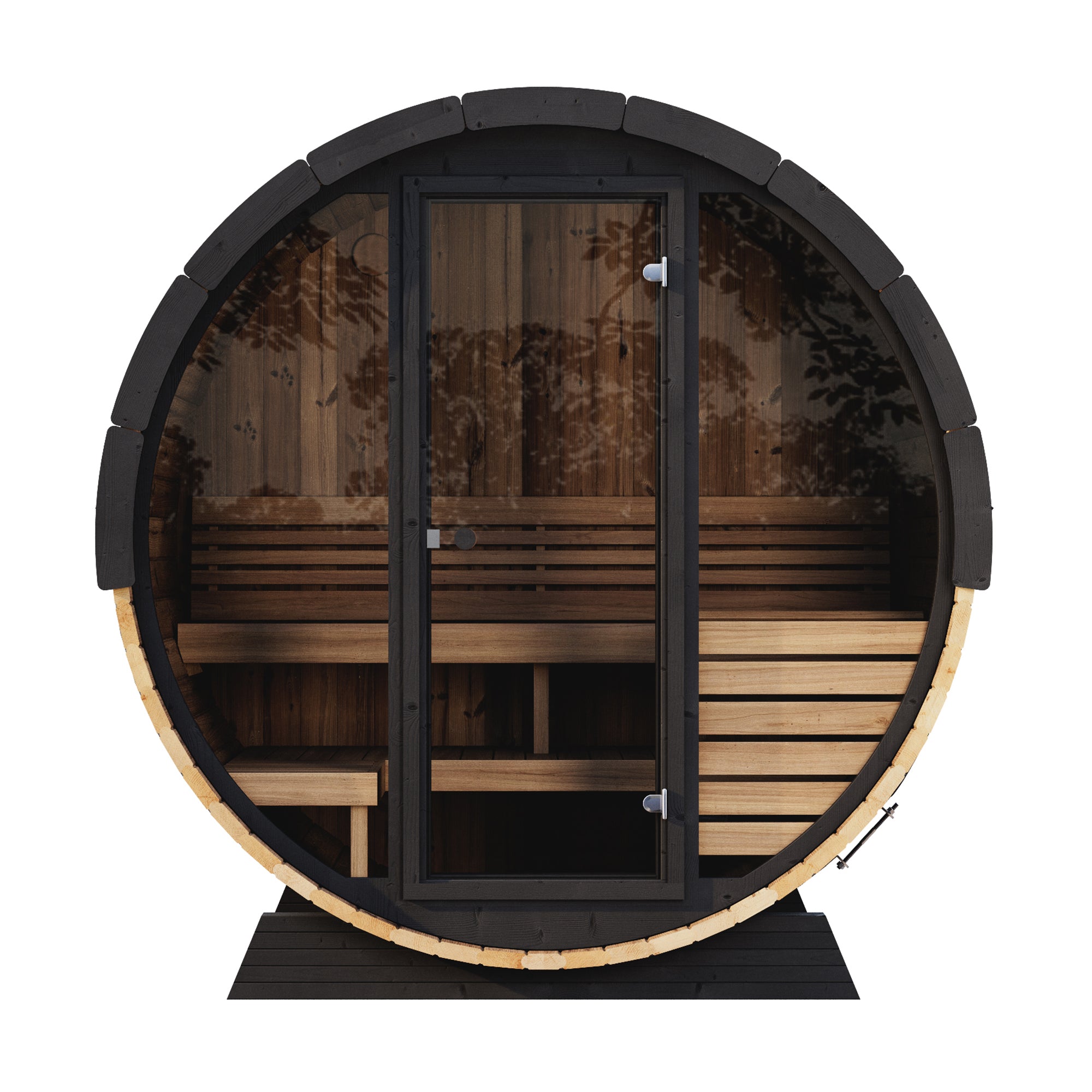 SaunaLife Model EE6G – ERGO Elegance Series 4-Person Outdoor Sauna Barrel with Full Glass Front