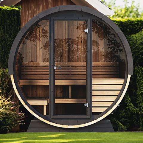 SaunaLife Model EE6G – ERGO Elegance Series 4-Person Outdoor Sauna Barrel with Full Glass Front